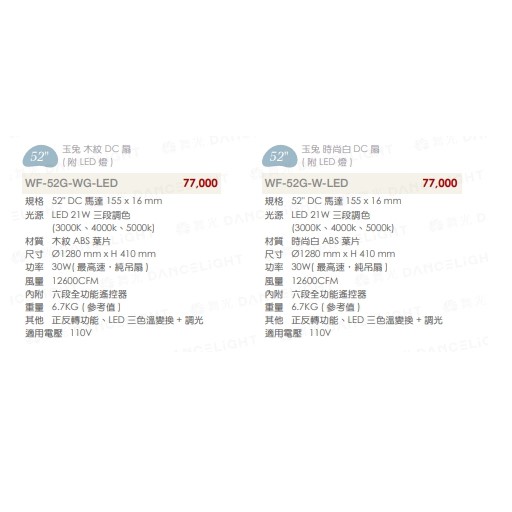 楓光52吋玉兔系列DC直流省電吊扇（附LED燈）