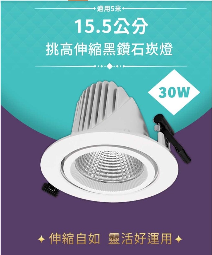 舞光 30W挑高伸縮黑鑽石崁燈(崁入孔15.5cm) 
