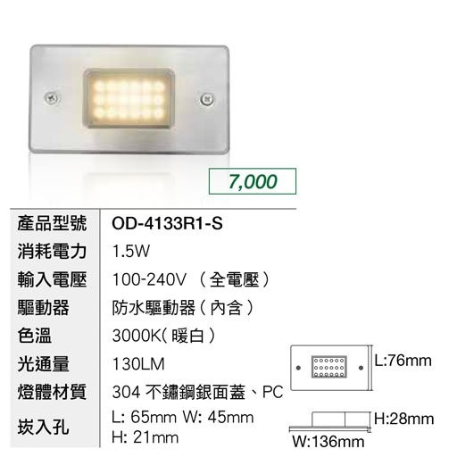 舞光LED1.5W 階梯視覺引導步道燈 IP66 高防水 樓梯燈 夜間指引燈 黃/藍光 OD-4132 4133