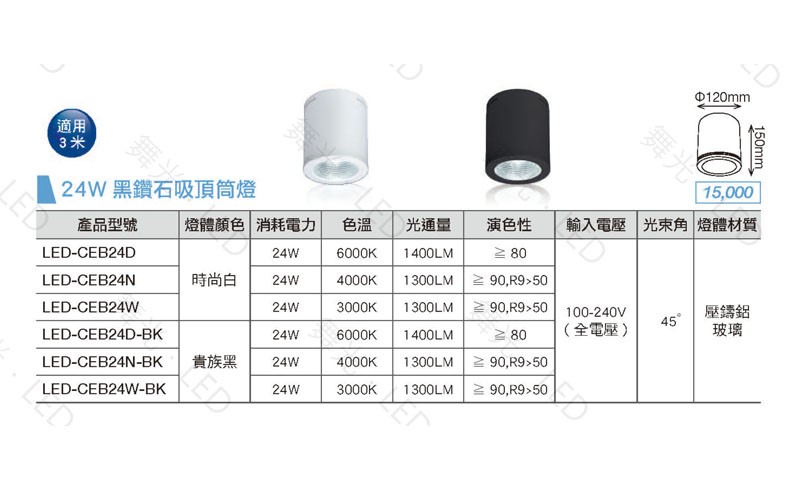 舞光~45W/30W/24W黑鑽石吸頂筒燈時尚白/貴族黑