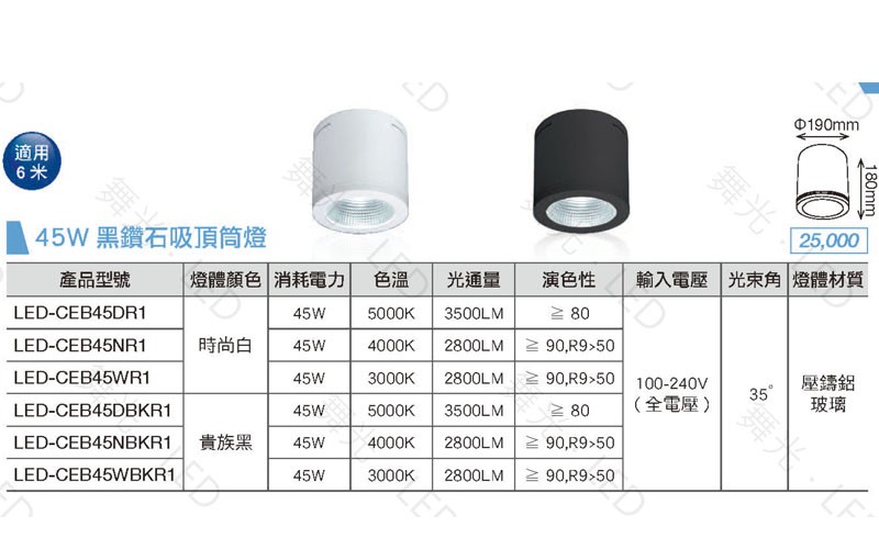 舞光~45W/30W/24W黑鑽石吸頂筒燈時尚白/貴族黑
